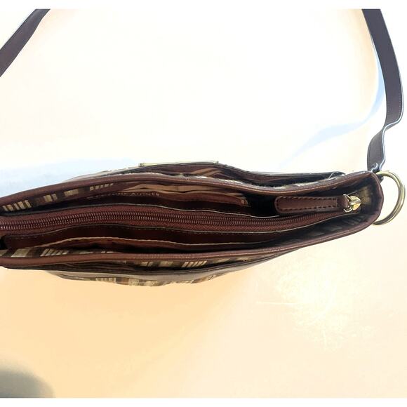 Etienne Aigner Brown Striped Bag Womens Leather Trim Handbag Purse - Picture 7 of 14